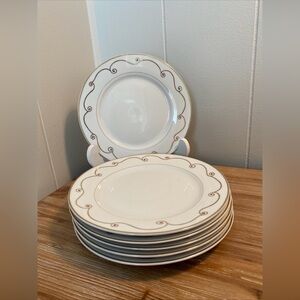 6 - Pier 1 Holiday Scroll 7.5” Salad Plates Porcelain Gold Scroll Red Dots Set 6